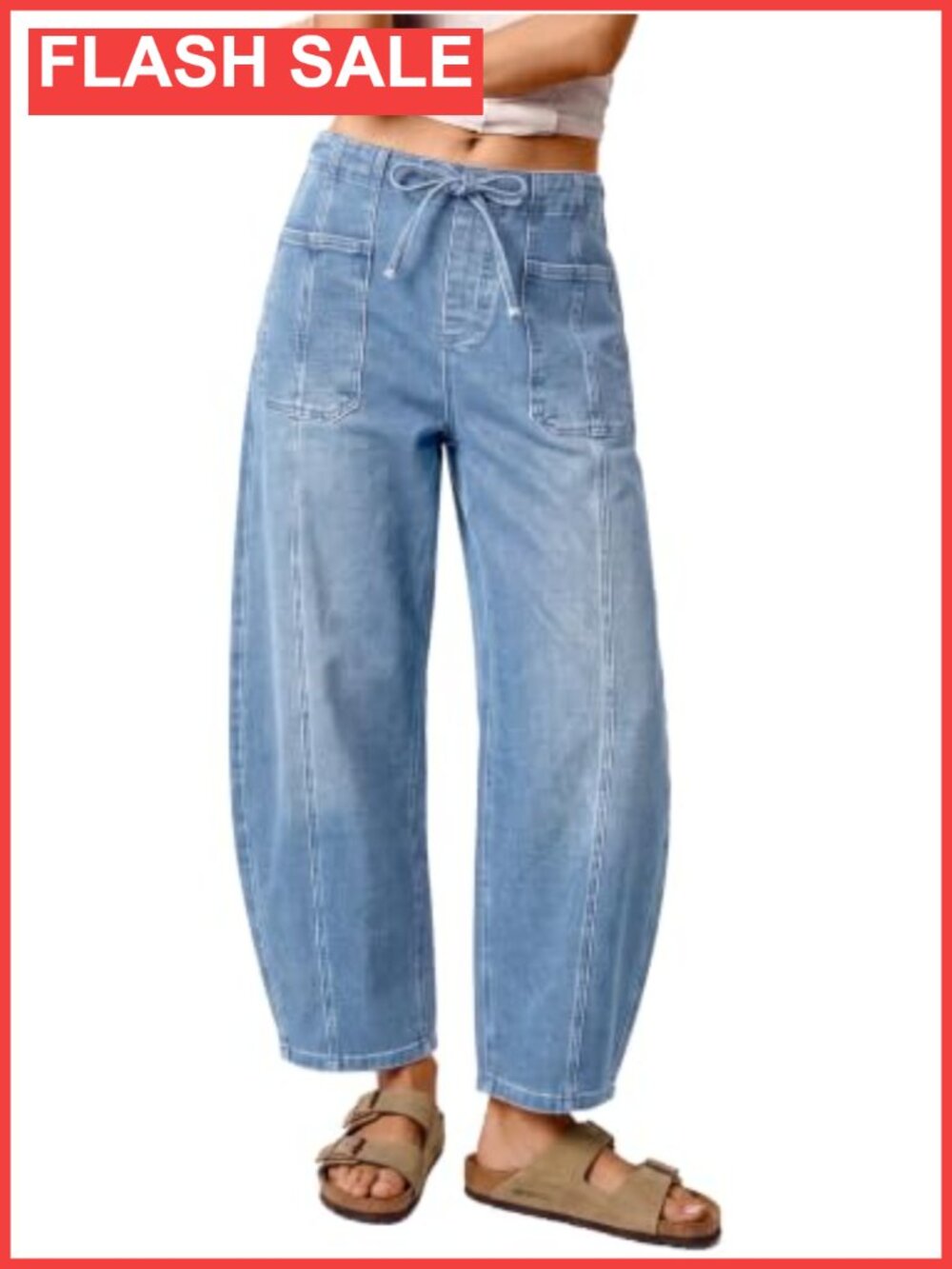 Womens Barrel Jeans Drawstring Wide Leg Baggy Denim Pants
